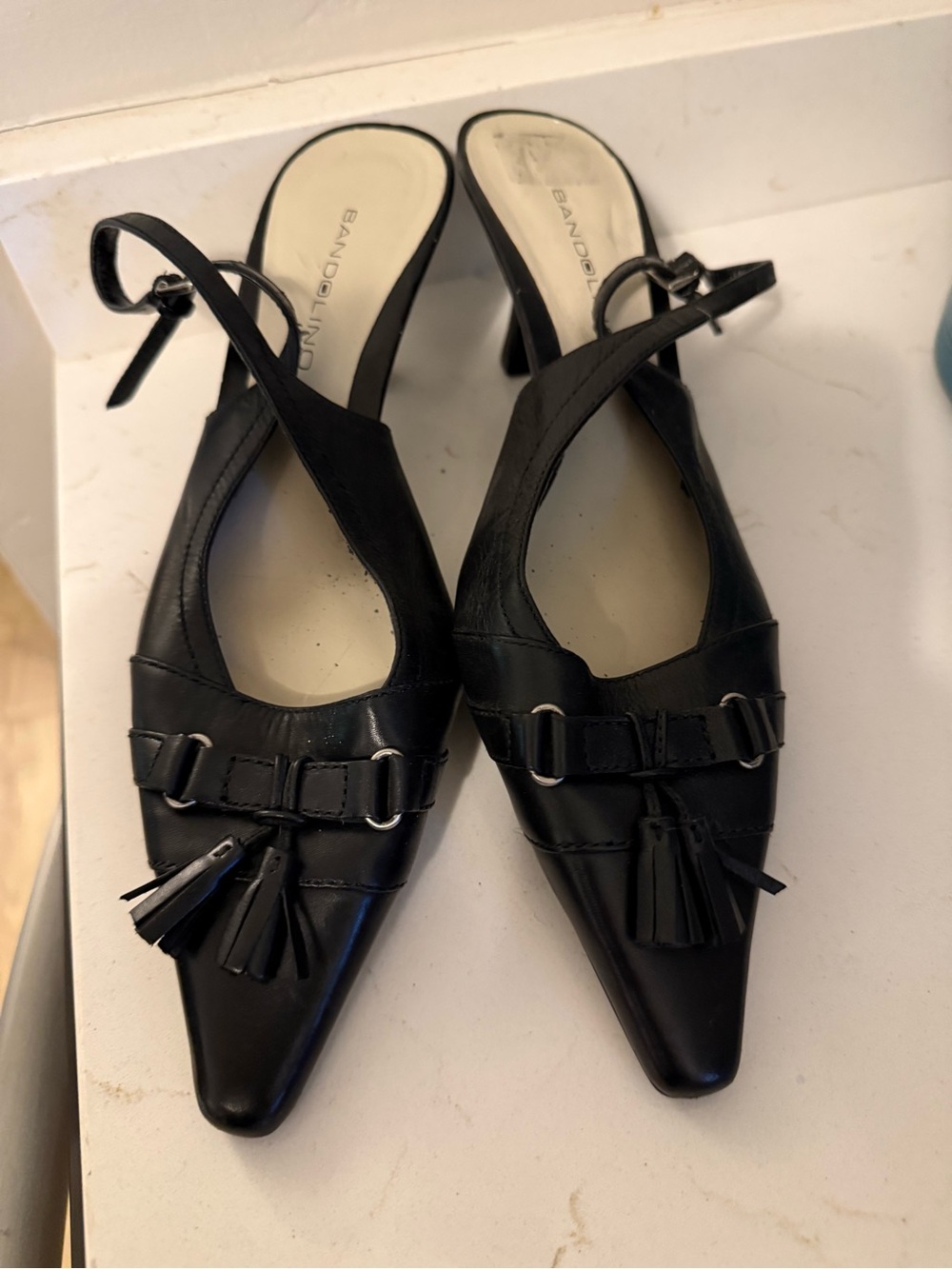 Bandolino Black Pointed Slingback Heels with Front Tassel Detail